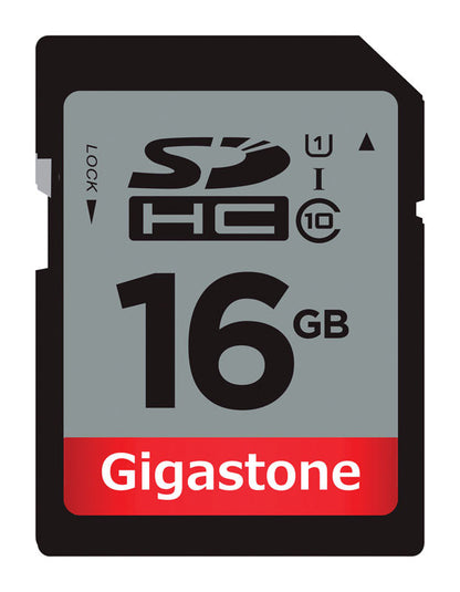 Emery Jensen GIGASTONE 16GB SDHC card for computers, shown with details of storage capacity and compact design.