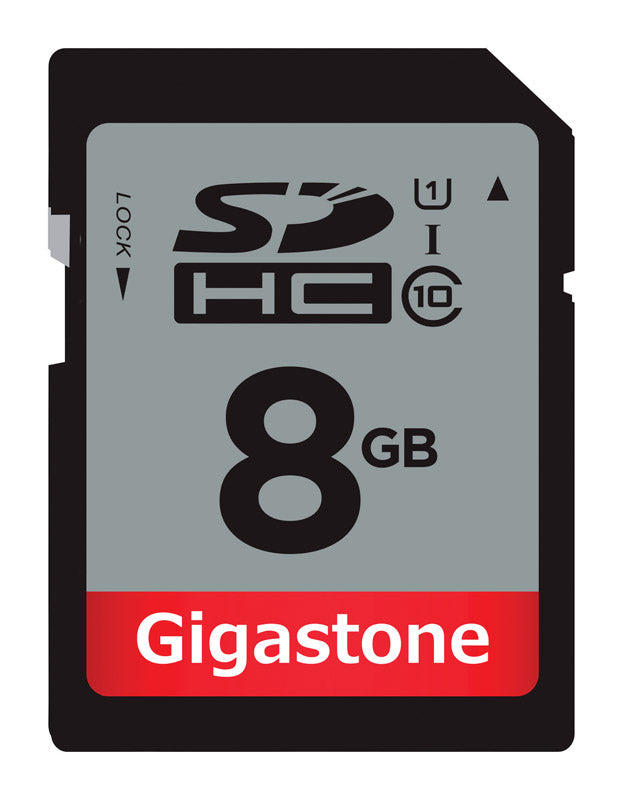 Emery Jensen GIGASTONE 8GB SDHC card for computers, showing the card's front with brand and capacity details.