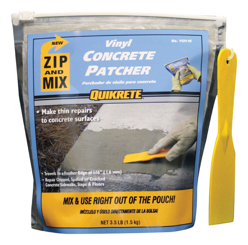 Black vinyl concrete patch mix by Emery Jensen, 3.5-pound bag for repairing cracks and small surface damages on concrete and blacktop.