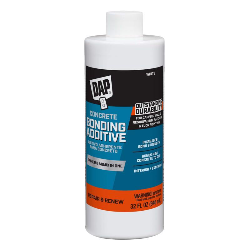 Emery Jensen DAP Bonding Additive QT for concrete and mortar, shown in a clear container with mixing tools.