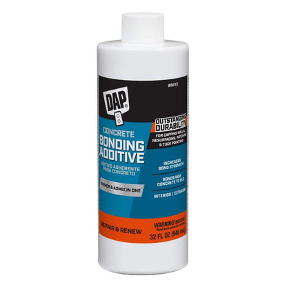Emery Jensen DAP Bonding Additive QT for concrete and mortar, shown in a clear container with mixing tools.