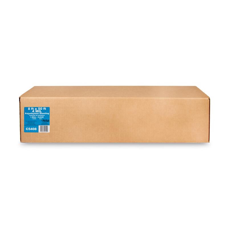 Emery Jensen clear 4 mil poly film roll, 8x50 feet, used for packaging and protective wrapping in commercial and industrial applications.