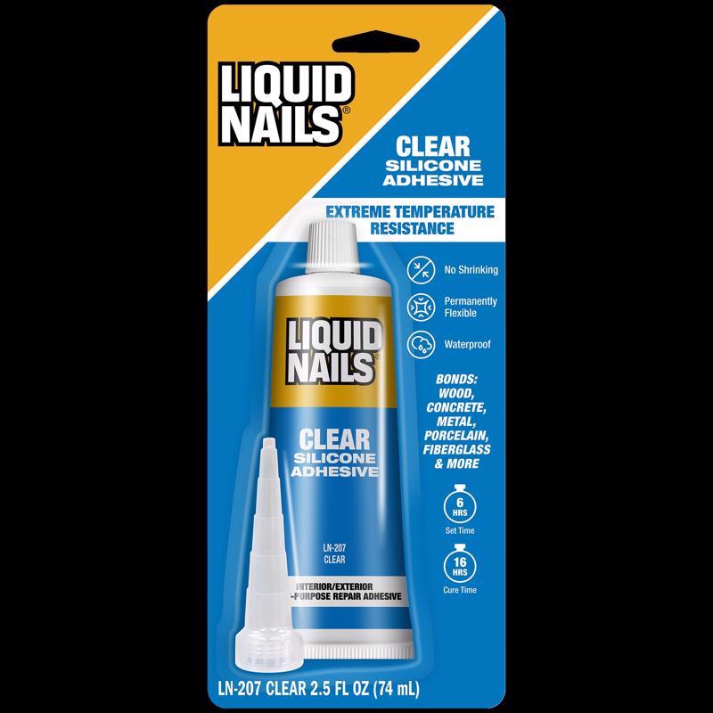 Six containers of Emery Jensen clear liquid nail construction adhesive in 2.5oz bottles, ideal for strong bonding in construction projects.