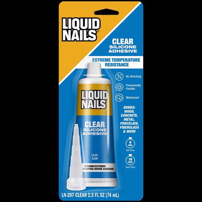 Six containers of Emery Jensen clear liquid nail construction adhesive in 2.5oz bottles, ideal for strong bonding in construction projects.