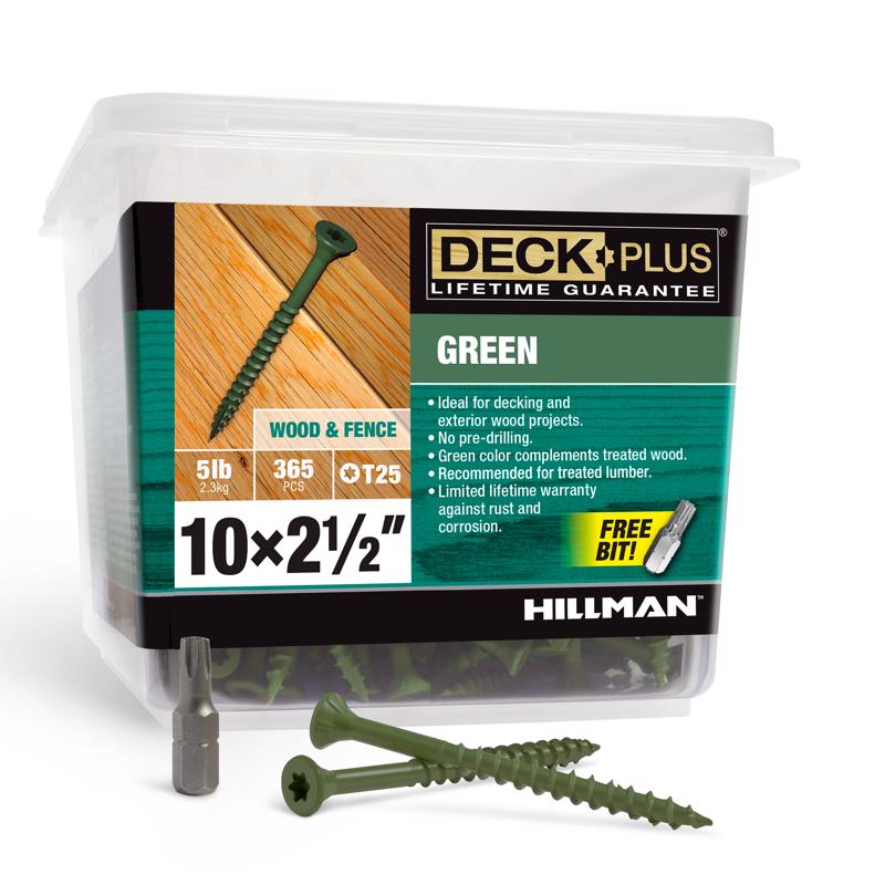Emery Jensen DCK screw 10x2.5 inches green contractor pack of 5 pounds, showing a box of screws for construction use.