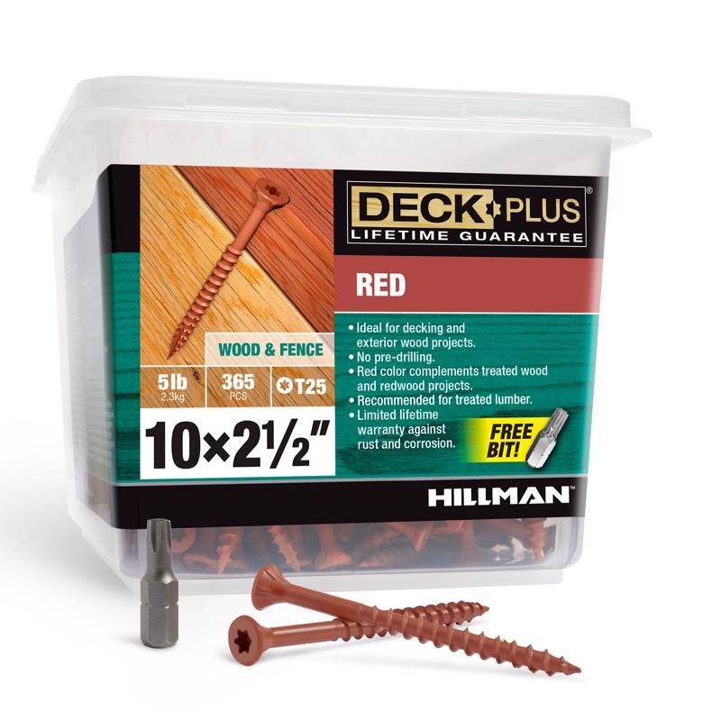Emery Jensen DCK Screw 10x2.5-inch red contractor pack, 5-pound box of durable metal fasteners for construction projects.