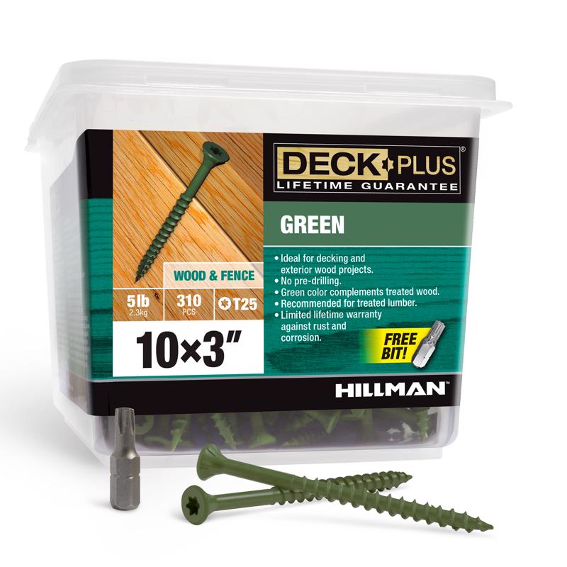 Green 10x3-inch contractor pack deck screws by Emery Jensen, 5-pound box, suitable for outdoor woodworking and decking projects.