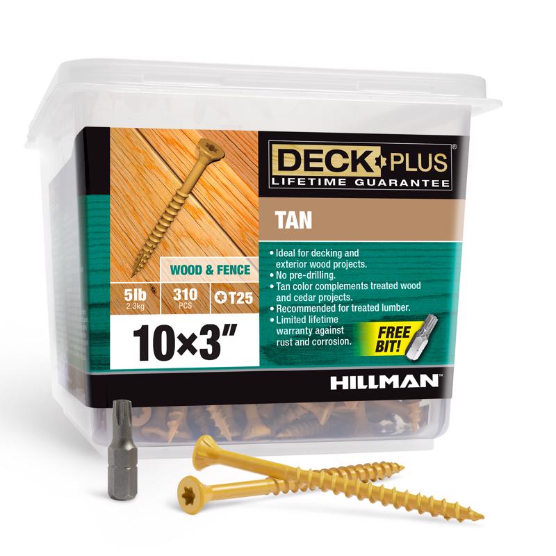 Emery Jensen 10x3 inch tan deck screw in 5-pound contractor pack, suitable for outdoor decking and construction projects.