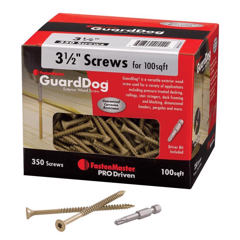 Emery Jensen 3-1/2-inch deck screws in a contractor pack, 350 count, suitable for outdoor decking and construction projects.