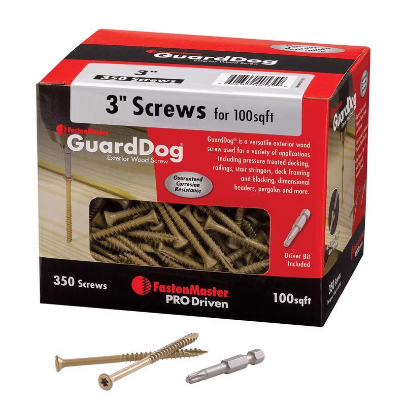 Emery Jensen 3-inch deck screws in a contractor pack, 350-piece 5-pound box, suitable for outdoor woodworking projects.