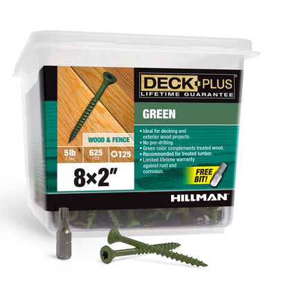 Emery Jensen contractor pack of 8x2 inch green deck screws, 5-pound box, durable for outdoor deck construction.