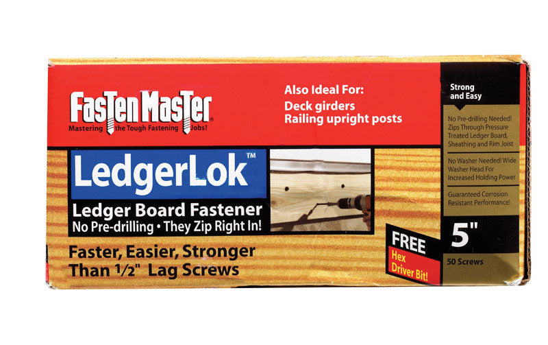 Emery Jensen LedgerLok screw contractor pack with 50 five-inch screws in a 5-pound box, ideal for construction and framing.