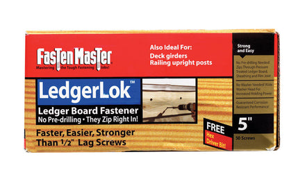 Emery Jensen LedgerLok screw contractor pack with 50 five-inch screws in a 5-pound box, ideal for construction and framing.