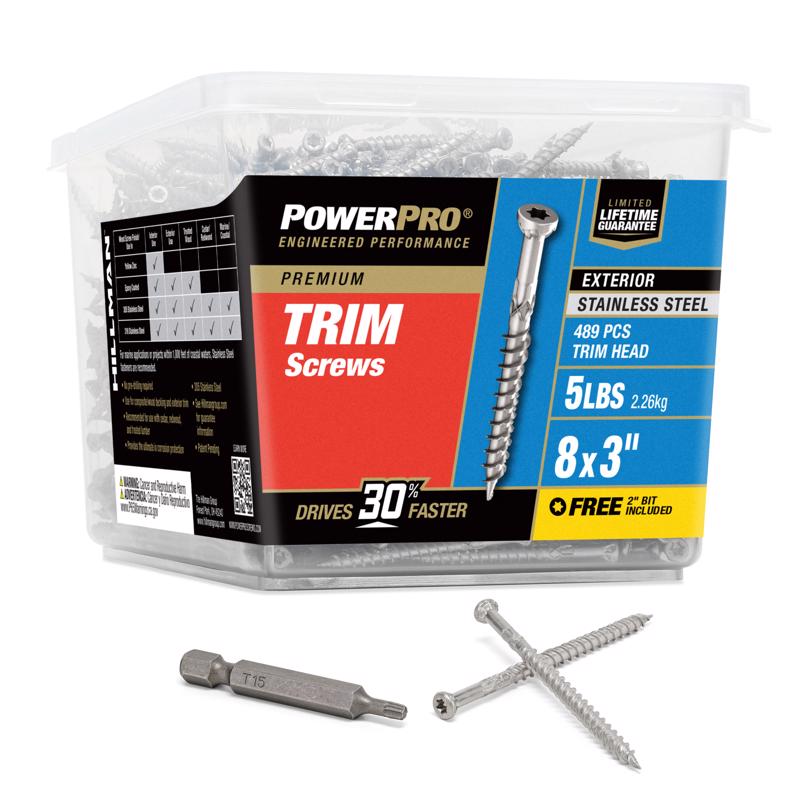 Emery Jensen 8x3-inch stainless steel trim screws in a 5-pound contractor pack, arranged in a box for construction use.