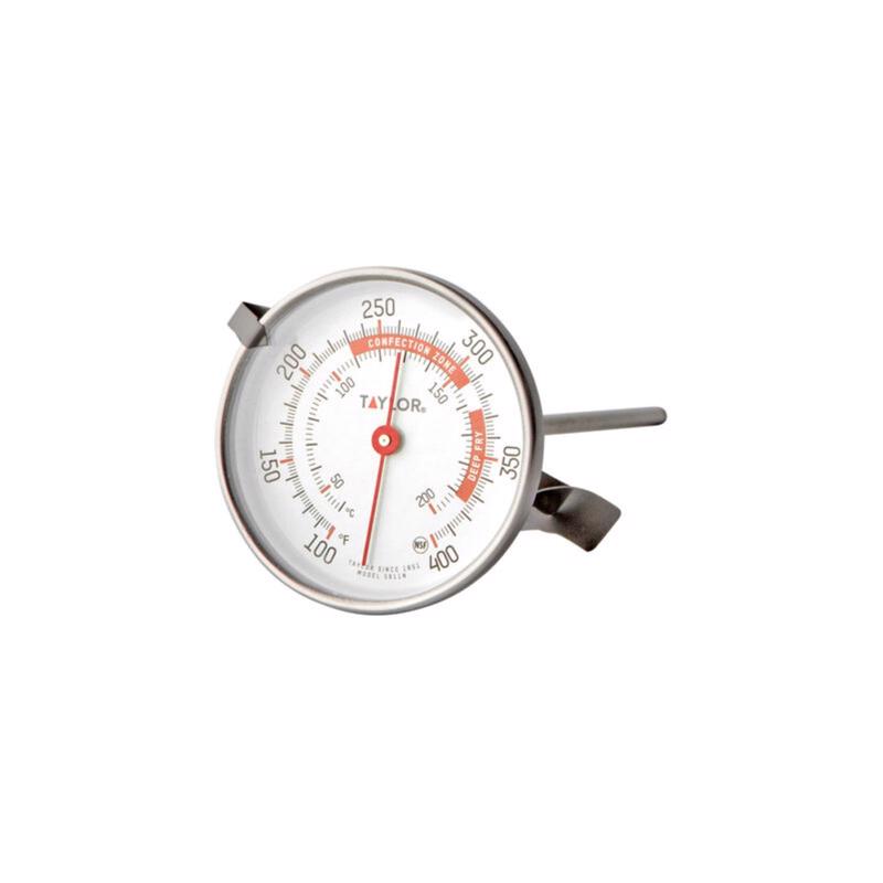 Emery Jensen candy thermometer for cooking, showing a clear dial and stainless steel stem, used for precise temperature measurement in confectionery.