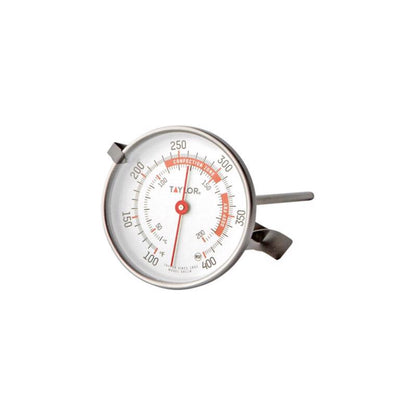 Emery Jensen candy thermometer for cooking, showing a clear dial and stainless steel stem, used for precise temperature measurement in confectionery.