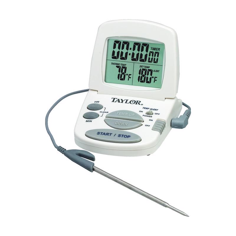 Emery Jensen cooking thermometer with alarm and timer, digital display, stainless steel probe for accurate kitchen temperature readings.