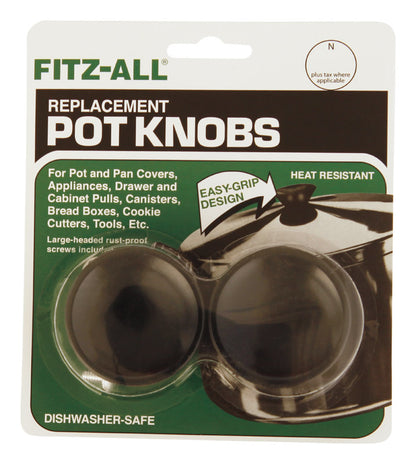 Emery Jensen Fitz-all knob and pot replacement parts, including two cookware knobs on a plain background.