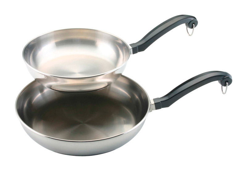 Emery Jensen stainless steel skillet cookware set with 8-inch and 10-inch skillets on a stovetop.