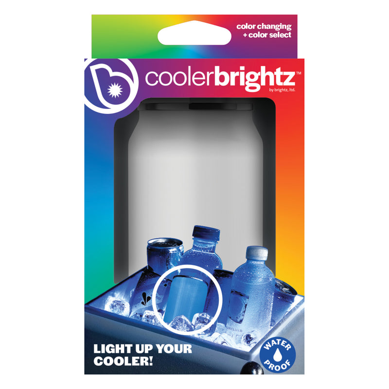 Emery Jensen Brightz Cooler Light for beverage coolers, illuminating the interior with bright LED lighting.