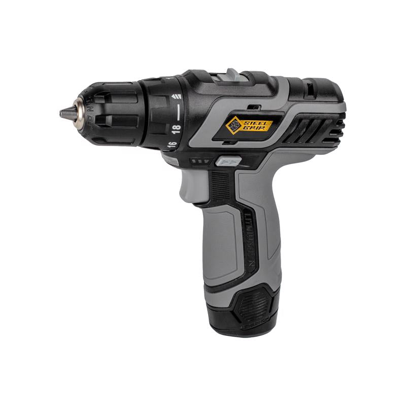Emery Jensen cordless drill with 3/8-inch chuck, 12V power, and ergonomic design for versatile drilling tasks.
