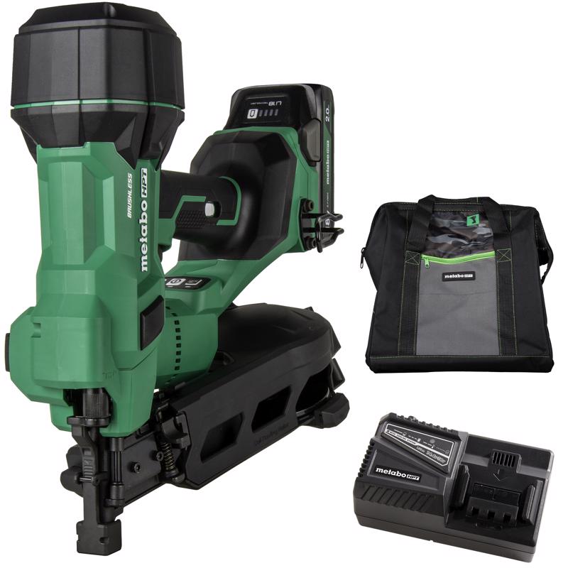 Emery Jensen cordless coil nailer with 18V power and 1.75-inch coil, showcasing its compact design and ergonomic grip.