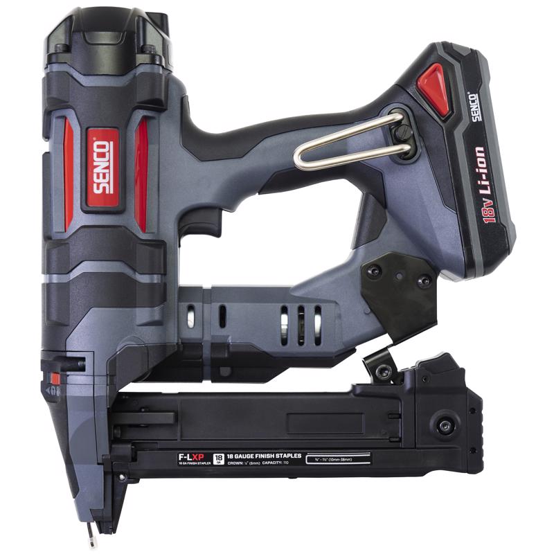 Emery Jensen Crown Staplr cordless stapler in black and red, 18G, displayed with open stapler showing staple loading area.