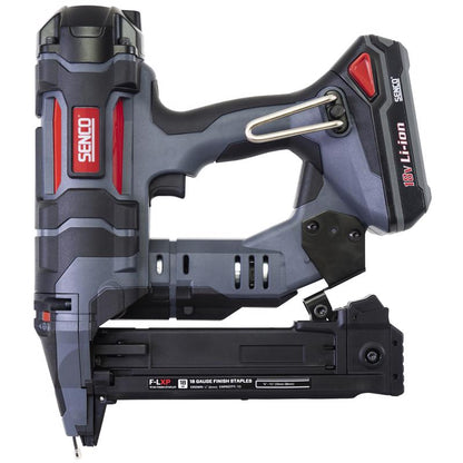 Emery Jensen Crown Staplr cordless stapler in black and red, 18G, displayed with open stapler showing staple loading area.