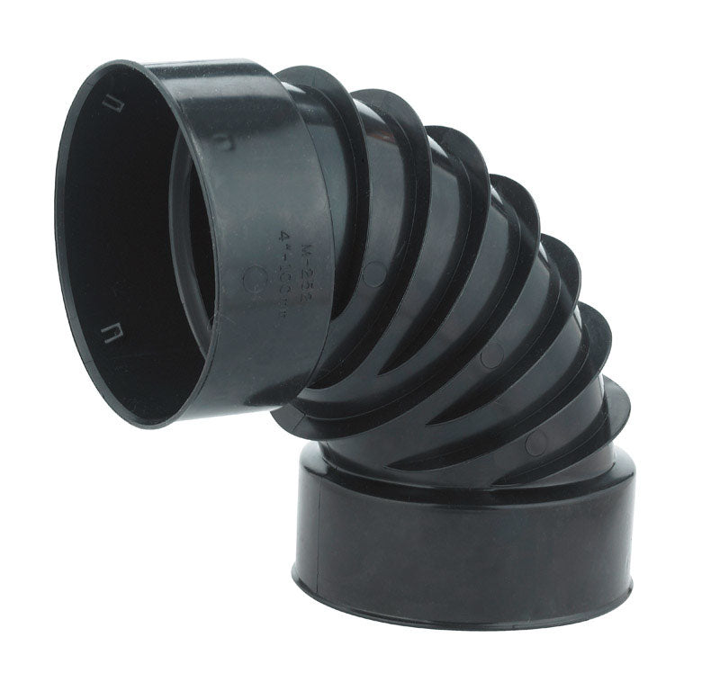 Emery Jensen 4-inch elbow corrugate snap fit fitting for corrugated piping, showing the curved shape and fitting details.