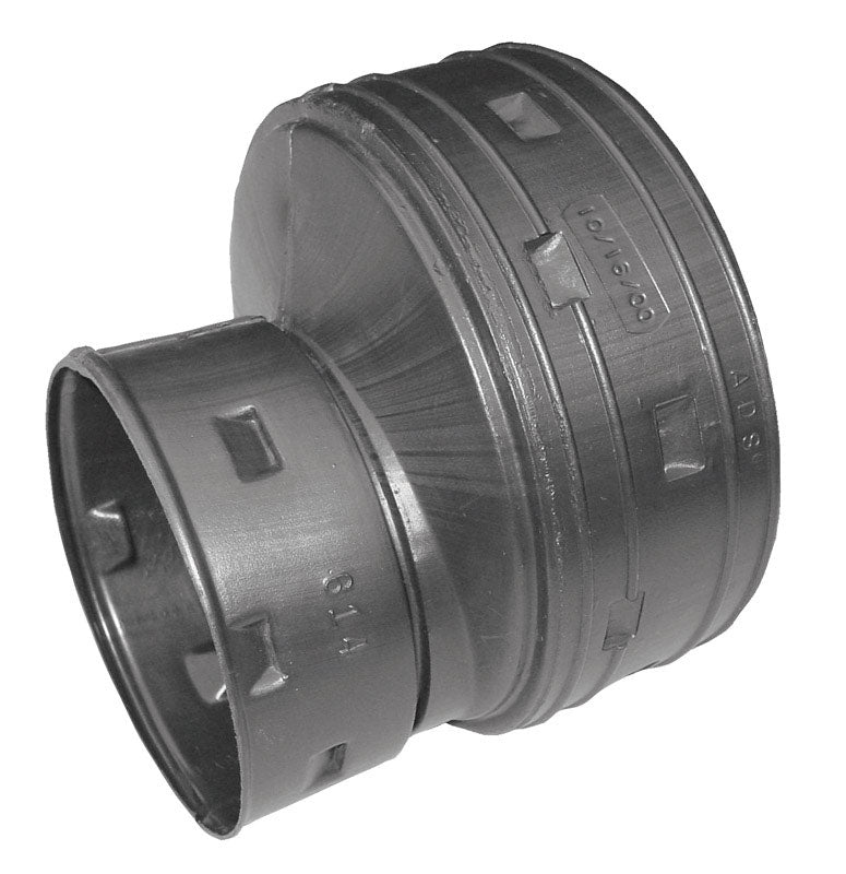 Emery Jensen corrugated snap fittings reducing coupling, 4x3 inch size, for pipe connections, in a sturdy metal finish.