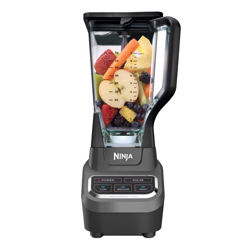 Emery Jensen plastic counter top blender in black with a 72 oz capacity, featuring a sleek design for smoothies and blending tasks.
