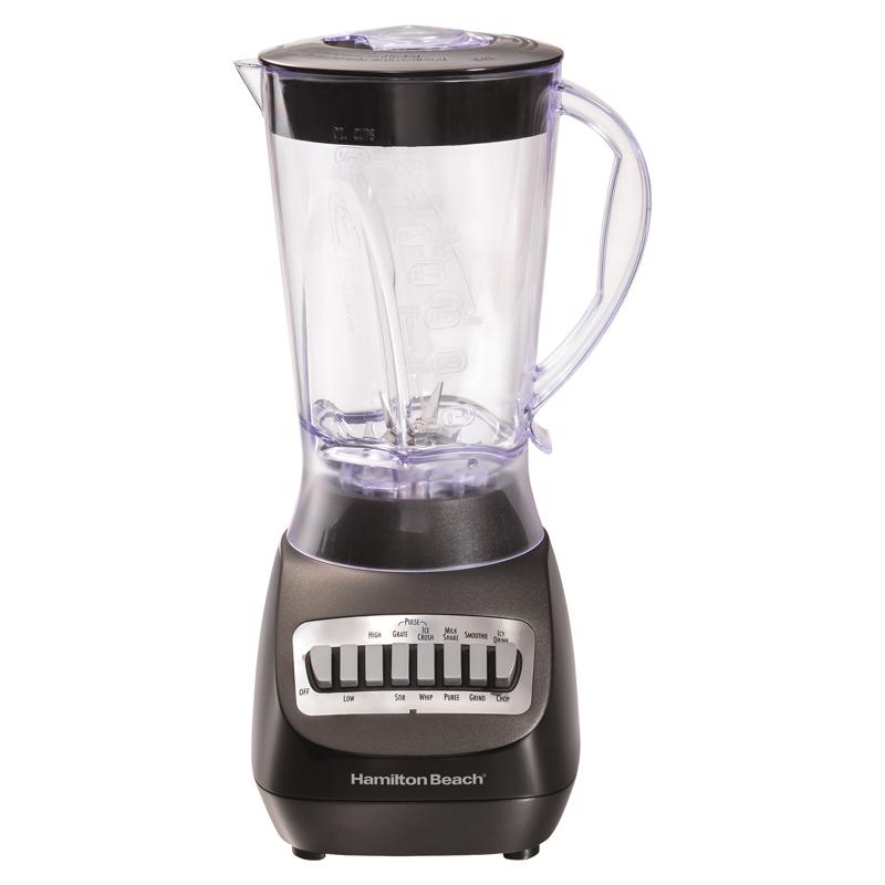 Emery Jensen HMLTN BCH blender, black counter top blender with 56 oz capacity, shown on a kitchen countertop.