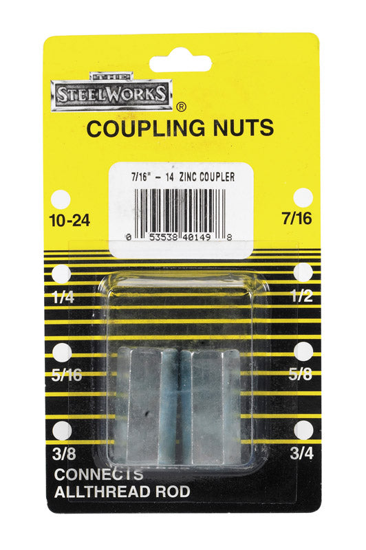 Pair of Emery Jensen 7/16-14 coupling nuts, metal fasteners used to join threaded components in mechanical assemblies.