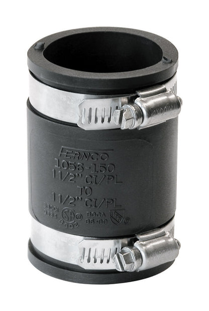 Emery Jensen 1-1/2 inch PVC flexible coupling for plumbing repairs, featuring rubber gasket and metal clamps.