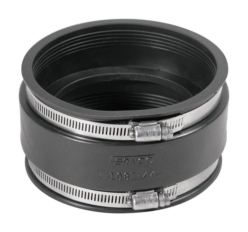 Emery Jensen Flex 4x4 Clay coupling, flexible plumbing connection for 4-inch clay pipes, shown in a close-up view.