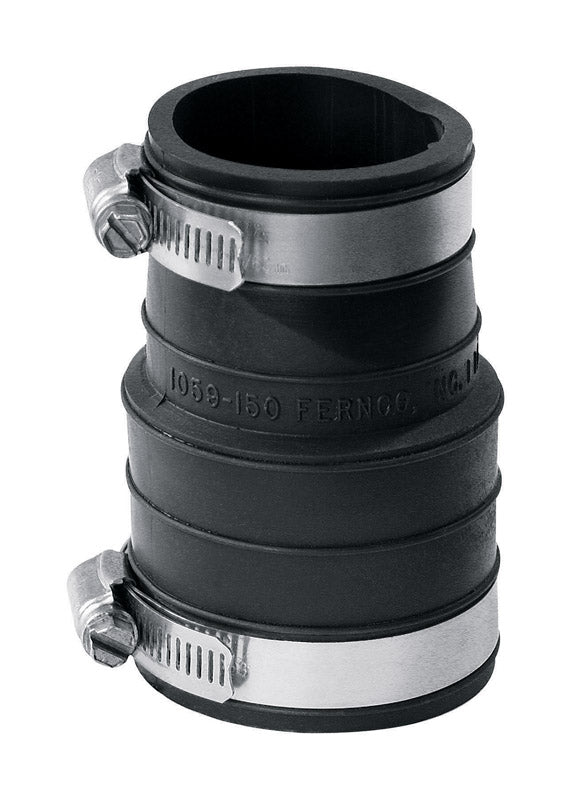 Emery Jensen DWV Flex Coupling 1.5-inch socket for plumbing connections, shown with flexible design and metal fittings.