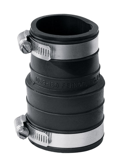 Emery Jensen DWV Flex Coupling 1.5-inch socket for plumbing connections, shown with flexible design and metal fittings.
