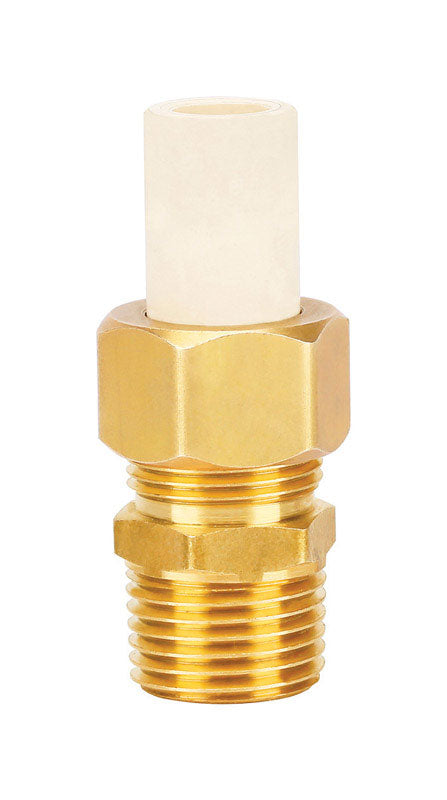 CPVC trans union fitting from Emery Jensen, 1/2-inch size, for plumbing connections, showing the white CPVC fitting with threaded ends.