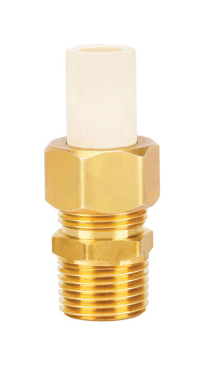 CPVC trans union fitting from Emery Jensen, 1/2-inch size, for plumbing connections, showing the white CPVC fitting with threaded ends.