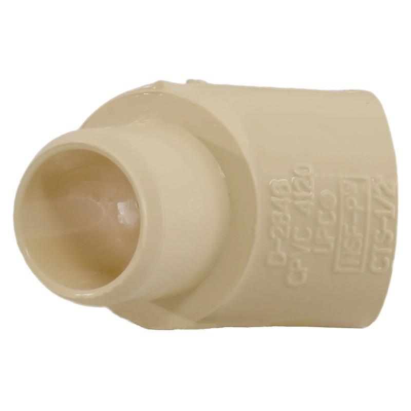 CPVC elbow fitting at 45-degree angle, 1/2 inch size, by Emery Jensen, used for plumbing and piping installations.