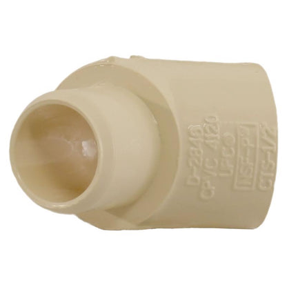 CPVC elbow fitting at 45-degree angle, 1/2 inch size, by Emery Jensen, used for plumbing and piping installations.