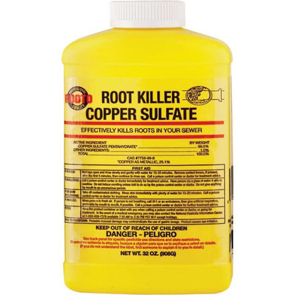 Emery Jensen CLEANR Root Killer 2# crystal drain cleaner in a clear container, designed to eliminate tree roots from drains.
