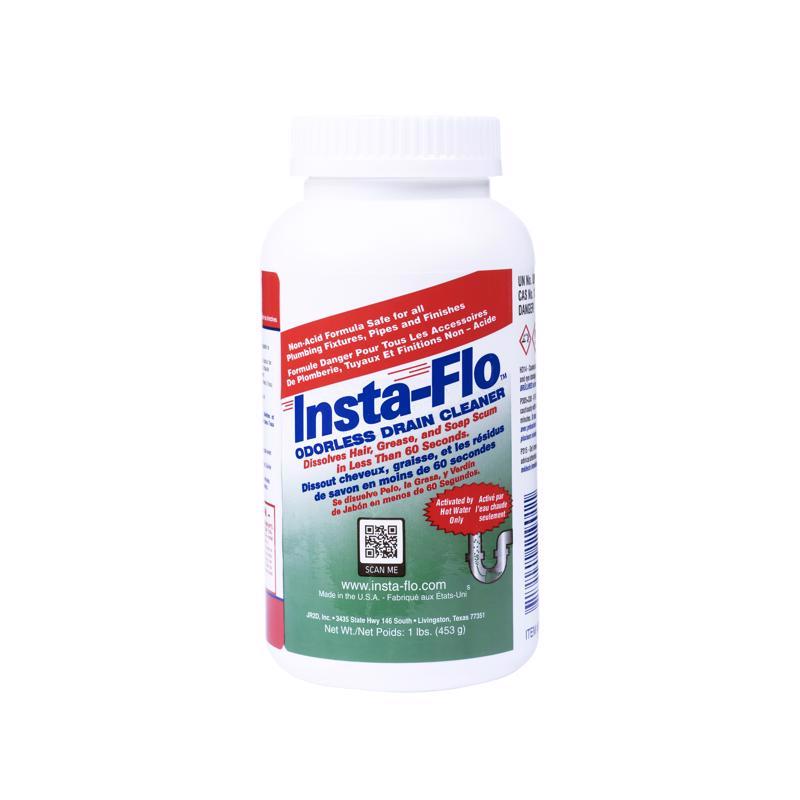 Emery Jensen Insta-Flo Crystal Drain Cleaner in a 1lb container, designed to clear clogged drains effectively.