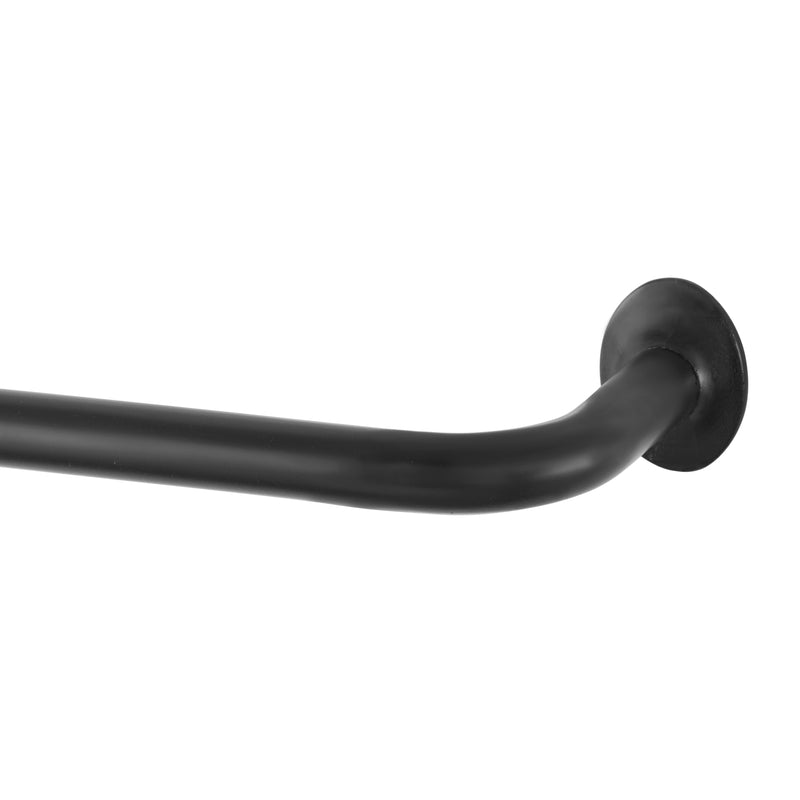 Black 48-inch Emery Jensen curtain rod mounted on a window with curtains, showcasing a sleek, modern design.