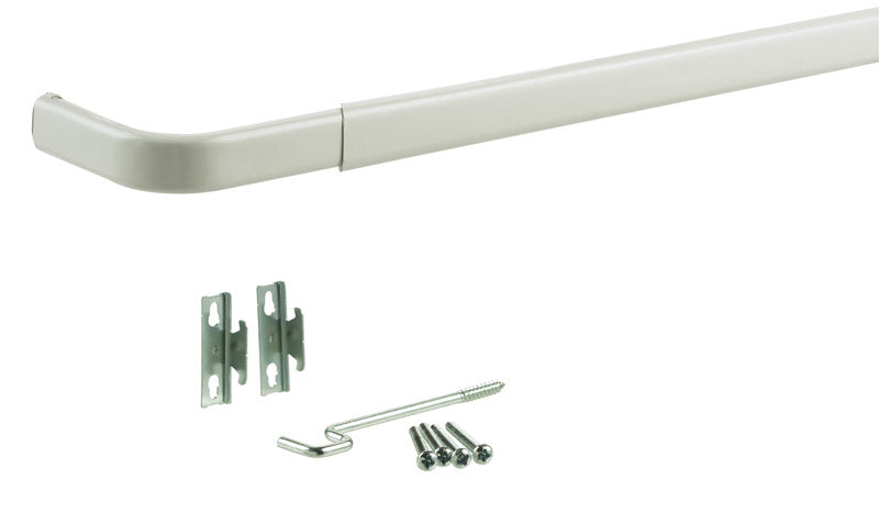 Emery Jensen white curtain rod, 48-84 inches adjustable length, mounted on a window with curtains.