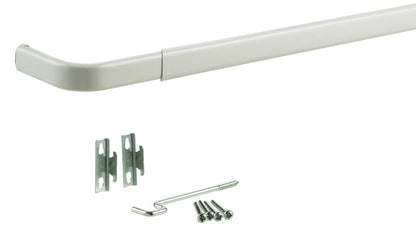 Emery Jensen white curtain rod, 48-84 inches adjustable length, mounted on a window with curtains.