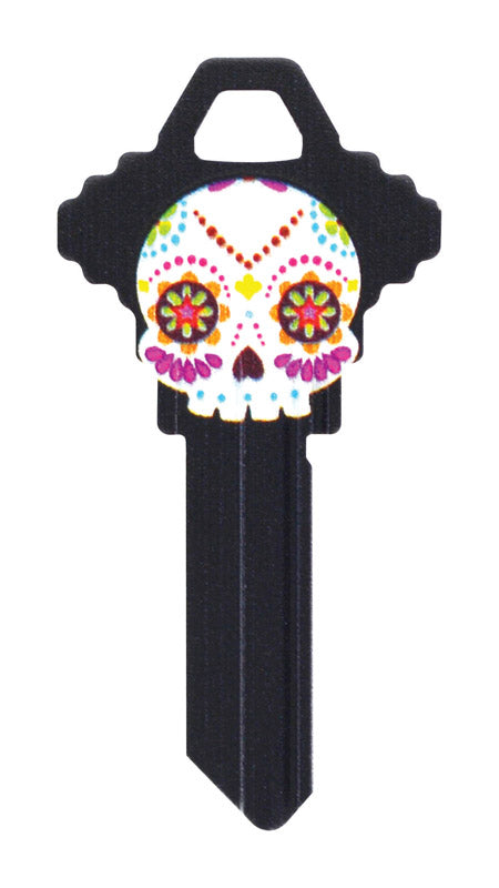 Set of six Emery Jensen WACKEY-68-SC1-MUERTOS painted sports cylinders, shown in a row with colorful painted surfaces.