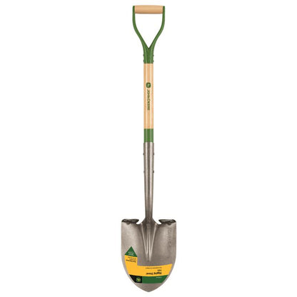 Emery Jensen 42-inch D-handle round point shovel with a sturdy metal blade and ergonomic D-shaped handle for digging and scooping.
