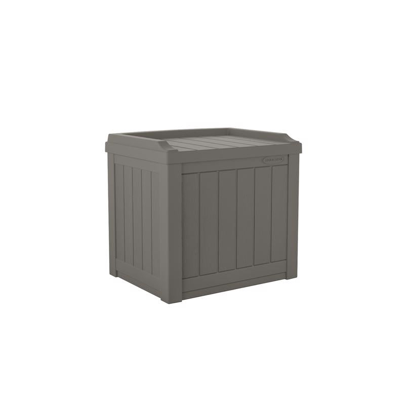 Gray Emery Jensen DCK deck box with built-in seat, 22-gallon capacity, outdoor storage solution for patio or garden.