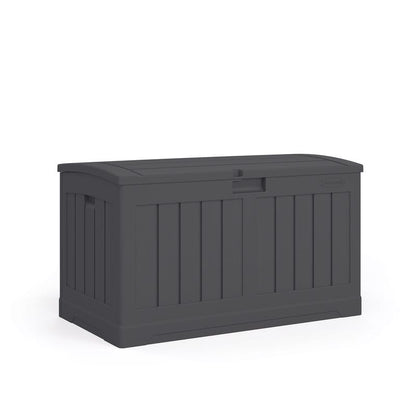 Emery Jensen 50-gallon deck box for outdoor storage, rectangular with lid, made of durable weather-resistant material.
